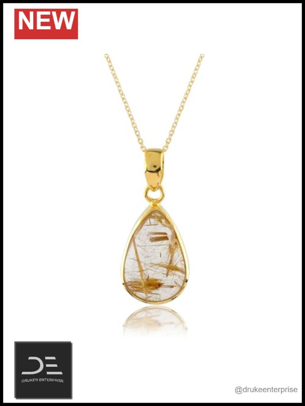 Natural Golden Rutile Quartz Pendant Necklace, 925 Sterling Silver, Bezel Set,